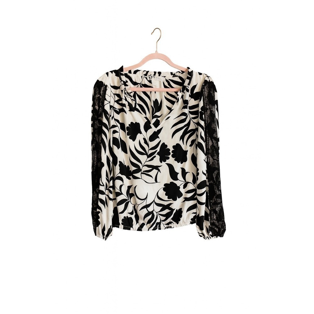 NWT WHBM Black White Floral Lace Sleeve Blouse Large Corporate Chic MSRP $75